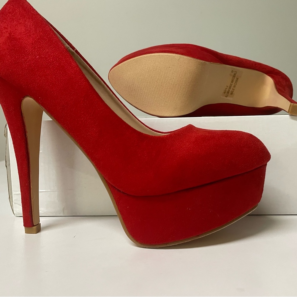 Red Faux Suede Pumps . Would suit avg to slender feet width